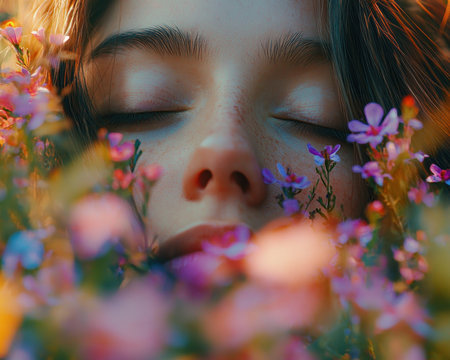 In a serene garden, a woman's gentle hands tend to delicate blossoms Her touch, a testament to her love for nature, fosters their growth The scene captures a beautiful moment of connection between humanity and the vibrant world of plants, a silent dialogue of care and respect AI Generativeの素材