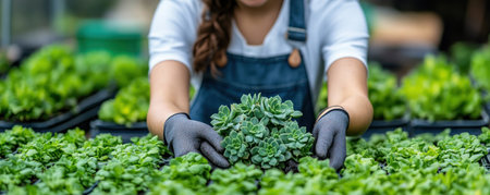 A woman, lost in the serene embrace of a sun-drenched greenhouse, meticulously arranges succulents Her movements are gentle, her expression tranquil, as she orchestrates a vibrant tapestry of green The air hums with the gentle rustle of leaves, mirroring the peaceful contentment that radiates from her presence AI Generativeの素材