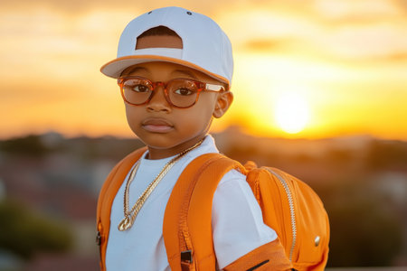 A confident young boy, radiating youthful swagger, stands against a minimalist sunset backdrop His trendy streetwear, featuring a white tee, stylish glasses, and a gold chain, is effortlessly cool An orange backpack adds a pop of color against the urban vibe The boy's confident pose and casual style capture the AI Generativeの素材