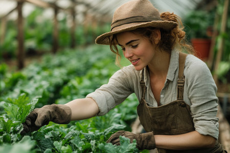 A passionate woman gardener nurtures life in her greenhouse, embracing sustainable practices for organic growth Her green thumb cultivates fresh produce, promoting healthy living and environmental stewardship From urban gardens to peaceful retreats, she fosters a connection to nature, celebrating botanical beauty and sustainable living AI Generativeの素材