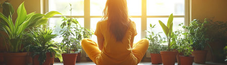 A woman finds serenity amidst verdant life Bathed in warm sunlight streaming through a greenhouse window, she rests amidst a symphony of potted plants The air is alive with the scent of blossoms, and the soft rustle of leaves creates a calming melody Every detail whispers of tranquility, a haven AI Generativeの素材