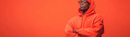 A young man exudes confidence in a striking red hoodie, his streetwear style radiating boldness against a minimalist backdrop Vibrant hues and modern fashion photography capture his youthful energy, creating a striking image that showcases the intersection of urban cool and contemporary style AI Generativeの素材