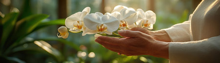 In a serene greenhouse, gentle hands tenderly care for vibrant orchids A symphony of delicate blooms, a testament to nature's artistry, fills the space with quiet beauty The moment evokes tranquility and the joy of nurturing life's delicate wonders AI Generativeの素材