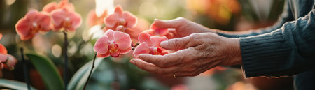 Imagine a tranquil greenhouse, bathed in soft light Delicate orchids thrive under the careful touch of expert hands The air is filled with the gentle hum of a nurturing touch, as beauty is cultivated with patient precision A sanctuary for both the flowers and those who cherish them, where serenity AI Generativeの素材