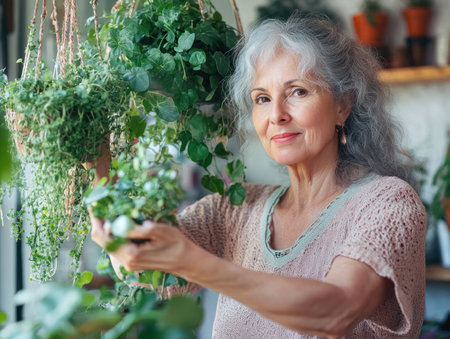In a sun-drenched greenhouse, a senior woman meticulously arranges hanging plants, her movements deliberate and graceful The air hums with a quiet energy, a testament to the calm and joy she finds in her gardening hobby It's a peaceful sanctuary where she nurtures life, finding fulfillment in the simple act AI Generativeの素材