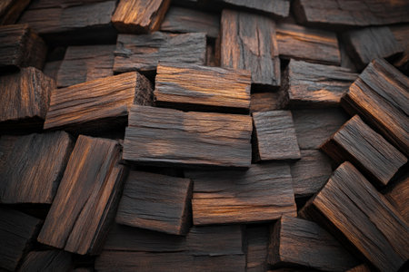 This rustic wooden texture boasts deep brown tones that evoke a sense of warmth and age Elongated wood grains create natural patterns, highlighting the organic beauty of the timber The rough, textured surface speaks to the wood's natural origin, making it a perfect backdrop for rustic and earthy designs AI Generativeの素材