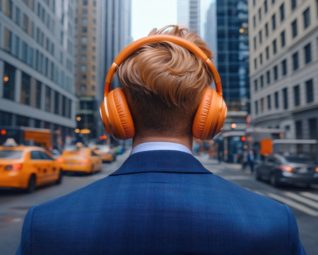 A man in a sleek blue suit stands against a vibrant, abstract city backdrop, his sophisticated style amplified by luxury headphones The juxtaposition of tailored elegance and cutting-edge design creates a powerful visual, capturing the essence of urban sophistication in a single image AI Generativeの素材