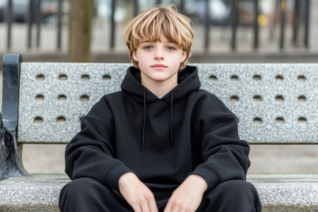 A young man exudes youthful confidence in a sleek black hoodie, his urban style radiating against a minimalist backdrop Trendy fashion and a modern look define his streetwear aesthetic, merging casual chic with contemporary vibes This fashion photography captures his city-inspired street style, highlighting minimalist design and a timeless edge AI Generativeの素材