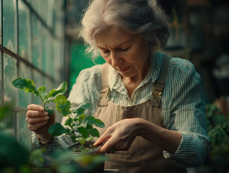 A seasoned woman's hands gently guide seeds into the fertile earth of a sunlit greenhouse With each planting, she cultivates not just life, but also a sense of nurturing and growth In the quiet rhythm of gardening, she finds a tranquil sanctuary, her spirit blooming alongside the seedlings AI Generativeの素材
