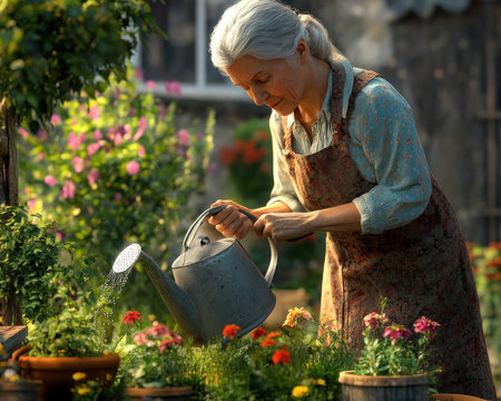 A senior woman, her weathered hands gently tending to vibrant blooms, embodies the essence of tranquility and nurturing Sunlight bathes her garden, a sanctuary of peace and growth In this quiet moment, she finds solace and fulfillment, connecting with nature's cycle of renewal AI Generativeの素材