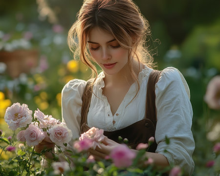 bathed in soft sunlight, a woman's gentle hands tend to delicate blossoms in a vibrant garden Her touch, both careful and loving, highlights the fragile beauty of nature The scene exudes a sense of warmth and tranquility, a testament to the nurturing power of human care AI Generativeの素材