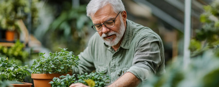 A serene image of a senior man meticulously arranging potted plants in a sun-drenched greenhouse His calm demeanor embodies the peaceful nature of gardening, a perfect picture for relaxation, nature, and senior lifestyle content The vibrant greenery and gentle sunlight create a sense of tranquility and connection with nature AI Generativeの素材