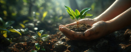 Gentle hands cradle a seedling, a symbol of new life and renewal In this moment of peace, connection with nature blooms The simple act of planting brings joy, tranquility, and solace, embracing the cycle of growth AI Generativeの素材