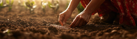 A woman, bathed in the golden light of the setting sun, gently plants seeds in her garden Her calm dedication reflects a deep connection to nature This peaceful scene evokes hope, growth, and the promise of fresh, homegrown bounty The image inspires sustainable gardening practices and invites viewers to embrace AI Generativeの素材