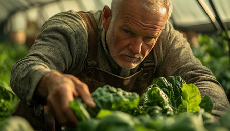 A senior man finds peace and purpose in his greenhouse garden Surrounded by the tranquility of nature, he cultivates fresh produce with passion The joy of growing his own food brings satisfaction and a sense of accomplishment, reflecting his deep love for gardening AI Generativeの素材