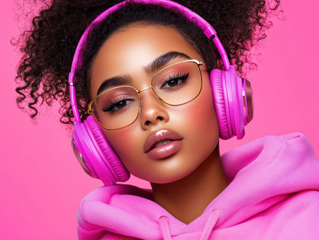 She embodies modern elegance, draped in sleek, contemporary fashion Lost in a world of electronic music, she wears stylish headphones, the abstract visuals reflecting the pulsing beats Her gaze is distant, yet intensely focused, as she surrenders to the intoxicating rhythm of the digital age AI Generativeの素材