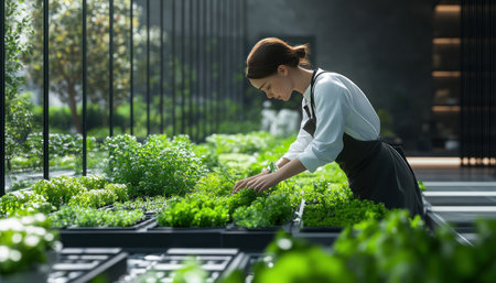 A woman, bathed in soft, natural light, carefully tends to a vibrant greenhouse garden Lush foliage spills from hanging baskets and vibrant blooms burst from pots, creating a serene and captivating scene of indoor gardening Her gentle touch brings life to the thriving plants, a testament to the beauty and AI Generativeの素材