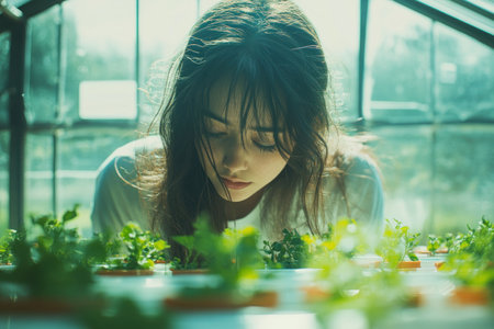 Amidst the verdant haven of a greenhouse, a woman finds solace in planting flowers Her hands, gentle and deliberate, bring life to the soil, fostering growth and serenity The act of gardening connects her to the natural world, nurturing both the plants and her own spirit AI Generativeの素材