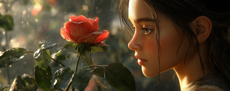 A woman stands amidst a vibrant rose bush, its blooms bursting with color Her gaze is fixed on the delicate petals, lost in the moment The tranquil garden scene reflects the nurturing and calming aspects of gardening, where beauty and serenity intertwine AI Generativeの素材