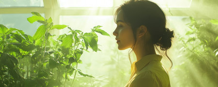 In a greenhouse bathed in soft light, a woman finds tranquility amidst lush greenery Her gentle touch nurtures vibrant plants, creating a symphony of life and color This serene scene embodies a deep connection with nature, where the cares of the world melt away in the quiet hum of growth AI Generativeの素材