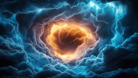 A glowing orb, ethereal and mysterious, pierces through dark, swirling clouds This abstract artwork evokes a sense of wonder and hidden meaning, drawing the viewer into a realm of cosmic energy, spiritual connection, and the unknown The contrast between darkness and light symbolizes the interplay of hidden depths and inner AI Generativeの素材
