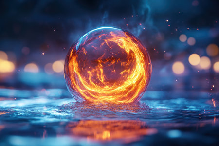 A radiant sphere of fire, pulsating with enchantment, embodies the magic of cherished moments Its ethereal glow whispers of emotion and mystery, captivating the senses and igniting a spark of wonder This glowing orb encapsulates the very essence of timelessness, a testament to the power of memories AI Generativeの素材