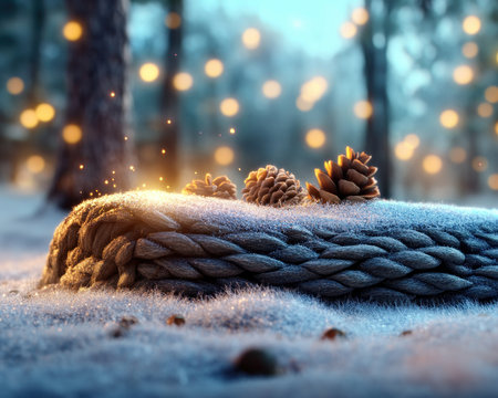 Step into a magical winter forest where towering pines shimmer with an ethereal glow Glowing pine cones illuminate the path, casting soft shadows that dance in the frosty air A sense of wonder fills the atmosphere as you explore this enchanting realm AI Generativeの素材