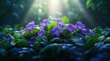 Sunlight paints a tapestry of golden hues across a forest clearing, where vibrant purple blossoms bask in the warm glow The delicate petals, bathed in ethereal light, whisper tales of nature's magic This tranquil scene, a haven of serenity, illuminates the captivating beauty of the natural world, leaving you breathless AI Generativeの素材