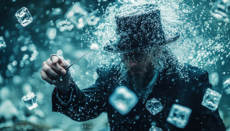 Witness the mesmerizing spectacle of an illusionist who defies gravity, conjuring floating ice cubes with a wave of his wand This master of magic weaves a captivating tapestry of illusion, showmanship, and mystery, leaving audiences spellbound and craving more AI Generativeの素材