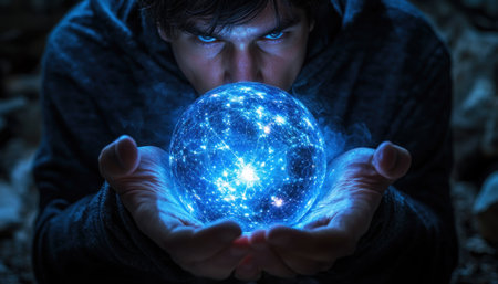 Prepare to be spellbound! A mystical illusionist weaves magic with light and shadow, conjuring a glowing orb that defies explanation Prepare to be captivated by a spectacle of visual illusions that challenge perception and leave the audience in awe Witness the power of illusion firsthand, where reality bends and the AI Generativeの素材