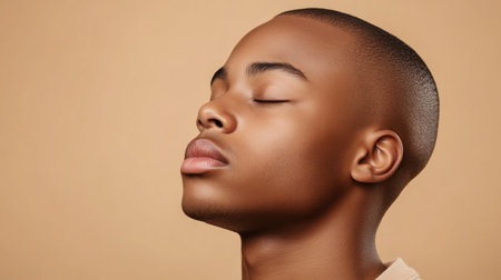 This captivating image evokes a sense of serenity and strength Soft beige tones create a calming atmosphere, highlighting a confident and poised figure It's a stylish and uplifting visual, inspiring empowerment, inner peace, and a sense of grounded confidence AI Generativeの素材