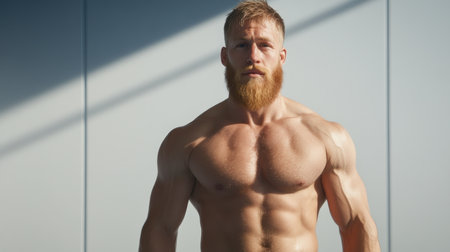A confident, muscular man stands against a minimalist backdrop, radiating calm strength This powerful portrait embodies fitness, bodybuilding, and the pursuit of physical excellence His physique is a testament to dedication and hard work, inspiring both motivation and aspiration AI Generativeの素材