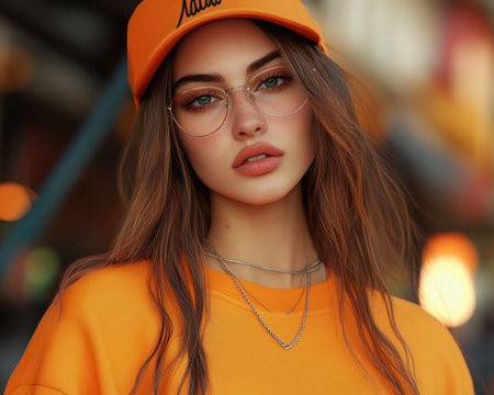 A confident teenage girl radiates youthful energy in a stylish orange outfit Her modern fashion sense is evident in her trendy glasses and casual streetwear inspiration With a cool vibe and self-assured demeanor, she embodies the spirit of modern youth AI Generativeの素材