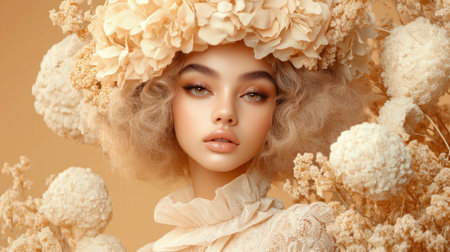 A radiant blonde woman, clad in a sophisticated beige dress, exudes strength and grace Delicate flowers adorn her hands, adding a touch of femininity Natural makeup enhances her vibrant beauty, creating a stunning portrait of feminine power Her confident pose embodies poise and elegance AI Generativeの素材