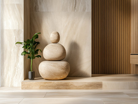 Imagine a serene space bathed in warm beige tones, where minimalist design meets natural elements Stone sculptures, lush plants, and wood accents create a sense of calm and balance This chic, modern interior inspires tranquility and wellness, fostering a peaceful atmosphere perfect for relaxation and mindfulness AI Generativeの素材