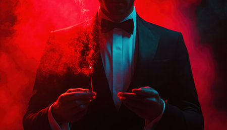 A master illusionist, wielding a magical wand, commands a mesmerizing spectacle Objects defy gravity, floating amidst billowing smoke, as expert stagecraft and cunning deception weave a tapestry of wonder The theater becomes a realm of enchantment, captivating the audience with breathtaking illusions AI Generativeの素材