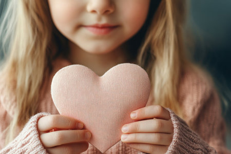 A sweet little girl, radiating innocence and joy, clutches a heart-shaped card close to her chest Her eyes sparkle with love and happiness as she celebrates the bonds of family and the warmth of affection The card, a symbol of her tender heart, embodies the enduring power of love and AI Generativeの素材