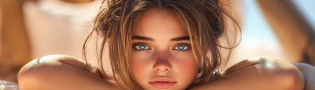 This captivating portrait captures the essence of youthful strength and vibrant energy A radiant young woman exudes confidence, her modern style radiating a captivating aura Her bright spirit shines through, showcasing her unwavering self-assurance and undeniable charisma AI Generativeの素材