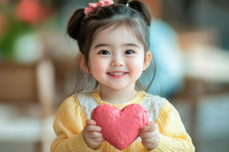 A little girl beams with joy as she celebrates her birthday with a heart-shaped cake, surrounded by her loving family The warmth and happiness of the moment are palpable, creating a lasting memory of childhood joy, family bonds, and the sweet celebration of life AI Generativeの素材