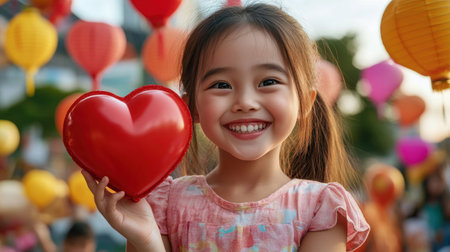 A radiant little girl, her face alight with joy, clutches a crimson heart amidst a festive celebration This snapshot embodies pure happiness and the unwavering love within her family Laughter and warmth fill the air, capturing the beauty of childhood innocence and the unbreakable bond of family AI Generativeの素材