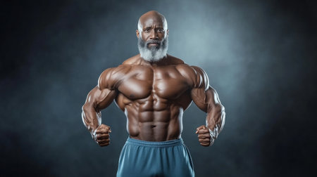 A powerful bodybuilder, his determined expression reflecting unwavering resolve His muscular physique, a testament to perseverance and strength training, embodies fitness motivation His confident stance inspires athletes and gym-goers alike, a symbol of determination and the pursuit of fitness goals AI Generativeの素材