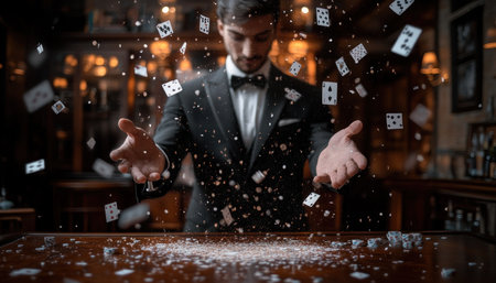 Witness the impossible as a professional magician performs a breathtaking disappearing act, shrouded in mystery and wonder Experience the magic of live performance in a theatrical setting, featuring illusions, showmanship, and entertainment that will leave you spellbound AI Generativeの素材