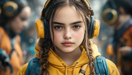 A confident teenage girl radiates youthful energy in a stylish, modern outfit Her yellow headphones and braided hair accentuate her cool-girl style This trendy, urban look embodies self-assurance and teenage empowerment The portrait captures the essence of contemporary teen fashion, a mix of casual comfort and street-inspired flair AI Generativeの素材