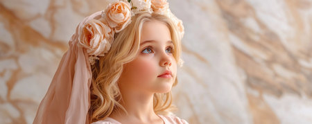 A young girl, radiant in a beige dress and floral crown, embodies strength and poise Her confident gaze and elegant posture radiate youthful beauty This portrait captures the essence of vibrant energy, showcasing a spirit that is both delicate and strong AI Generativeの素材