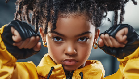 A young girl, exuding confidence and strength, strikes a powerful pose Modern and vibrant, she embodies energetic determination, capturing the essence of a youthful athlete Her presence inspires and motivates, showcasing the potential and drive within young individuals AI Generativeの素材
