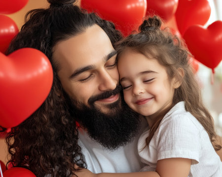 A father and daughter share a tender moment amidst the joy of a family celebration Surrounded by heart-shaped decorations, their connection radiates warmth and love The image captures the essence of a special occasion, where family bonds are celebrated and memories are made AI Generativeの素材