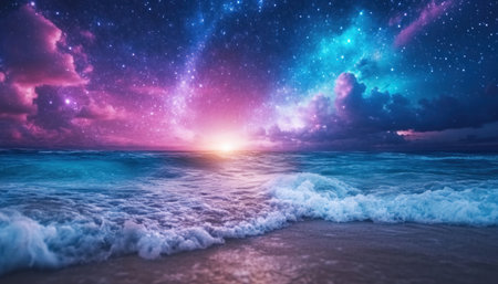 A serene night sky, adorned with twinkling stars, reflects upon the tranquil ocean The scene radiates peace and tranquility, creating a magical and dreamlike atmosphere This breathtaking image of nature's majesty is perfect for adding a touch of serenity to any project, from wallpaper to desktop backgrounds AI Generativeの素材