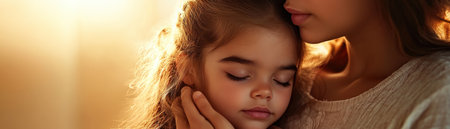 A tender moment of love is captured, bathed in soft, golden light A mother's embrace, warm and comforting, envelops her daughter This heartwarming celebration of their bond radiates with joy and affection, a testament to the enduring power of motherly love AI Generativeの素材