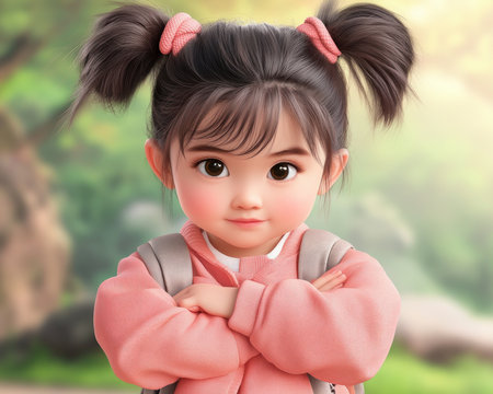 This captivating digital illustration features a confident and strong anime girl with pigtails Her charming smile and crossed arms radiate inner strength and feminine charm The pink hoodie and backpack add a touch of cuteness, making her a perfect embodiment of girl power and empowerment This beautiful artwork is available AI Generativeの素材