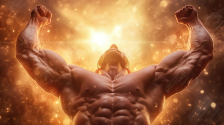 This empowering image captures the essence of masculine confidence Defined muscles and a positive aura radiate strength and determination The visual inspires, illuminating the power within and highlighting the pursuit of success It&#39;s a testament to the unwavering spirit that resides in every man AI Generativeの素材